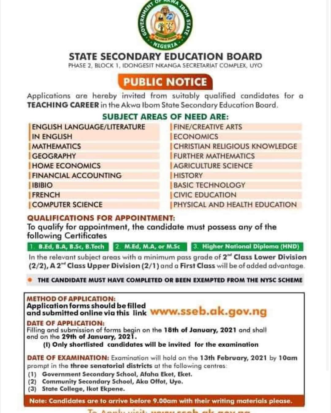 2021 Akwa Ibom State Job Recruitment of Teachers Check Exam Date